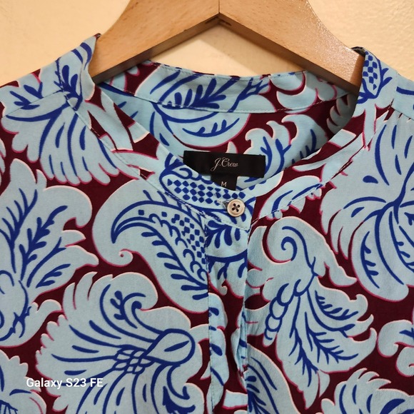 J Crew Womens Med Silk Tunic Top  Aqua Paisley Print Band Collar Long Sleeves - Picture 4 of 8